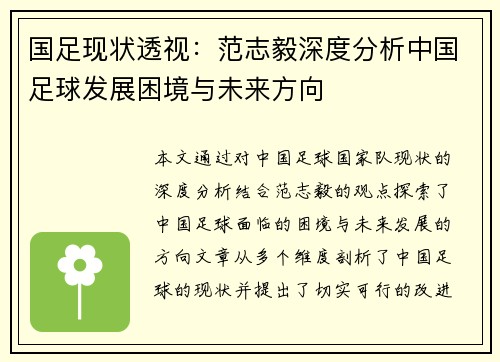 国足现状透视：范志毅深度分析中国足球发展困境与未来方向